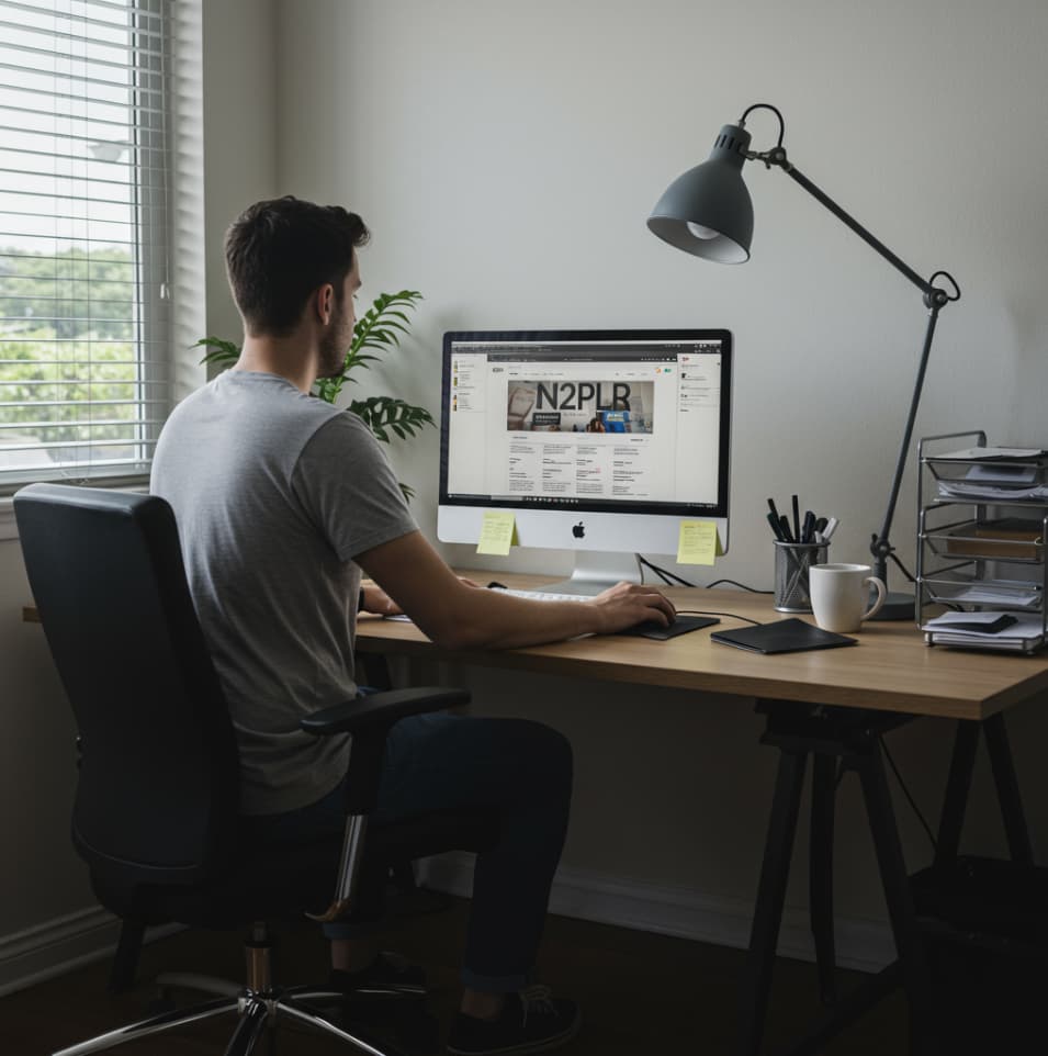 n2plr man sitting at desk building website